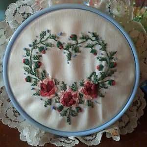 Homeade cross stitch heart for hanging on the door